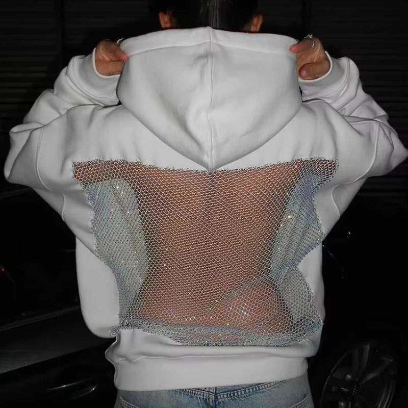 2026 New Gothic Y2K Harajuku Women Hooded Sweatshirt, Backless Shiny Thread Mesh Patchwork Casual Streetwear Pullover Top