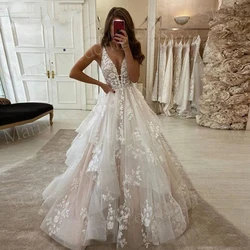 Modest Charming V Neck A Line Wedding Dresses Sleeveless Lace Appliques Princess Bride Gowns Backless Tiered Vestidos Customized