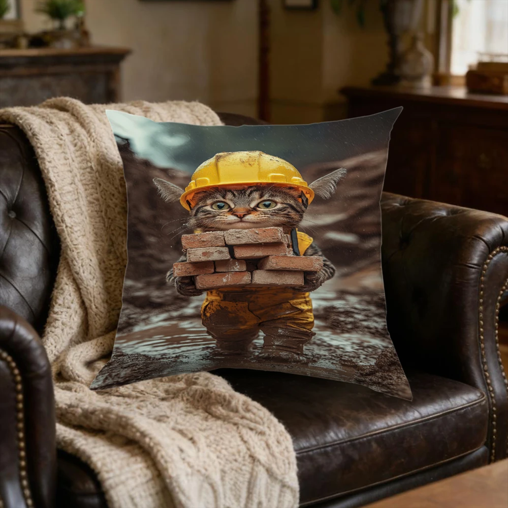 Funny Cat Construction Worker Cushion Cover Yellow Hardhat Brick Print Sofa Bedroom Home Decor Soft Square