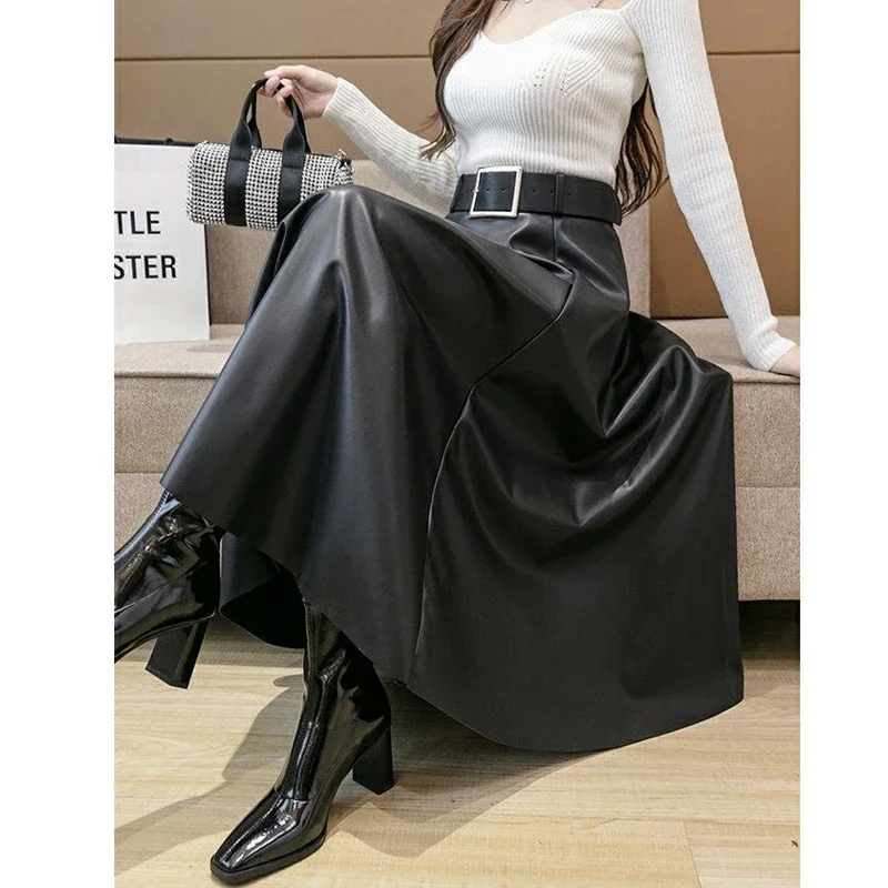 Women Vintage Solid Pu Leather Pleated Elegant Belt Midi Skirt Autumn Winter Fashion High Waist Large Swing A Line Skirts Faldas