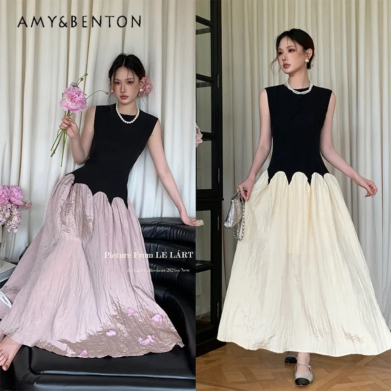 

French Elegant Hepburn Style Color Matching Round Neck Sleeveless Dress Women Summer High-Grade Socialite Slim Mid-Length Dress