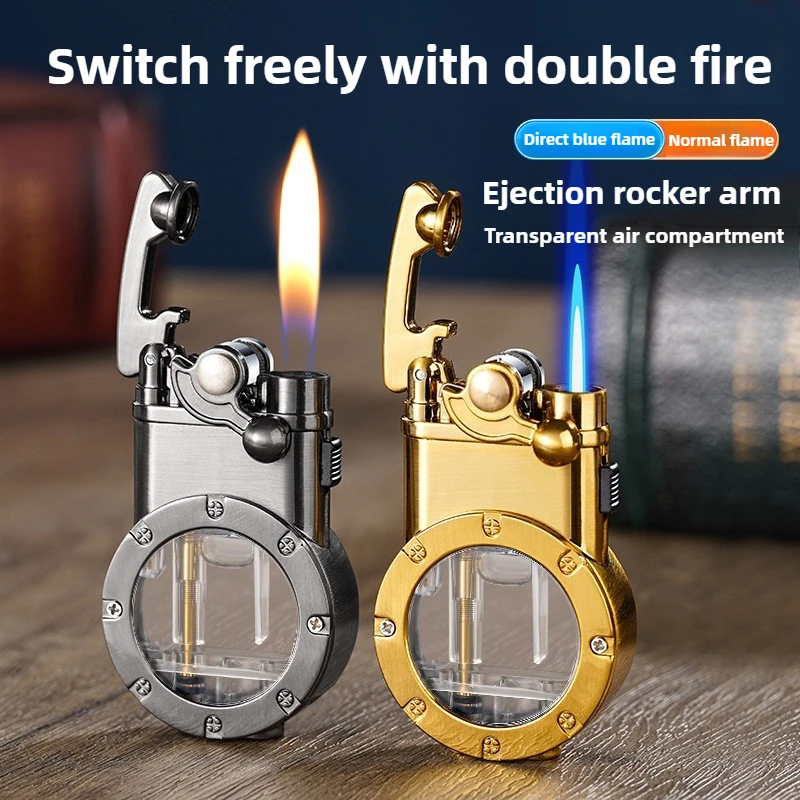 

Dual Fire Conversion Windproof Lighter Transparent Rocker Arm Metal Lighter Air Window Butane Inflatable Men's Gift(No Flue)