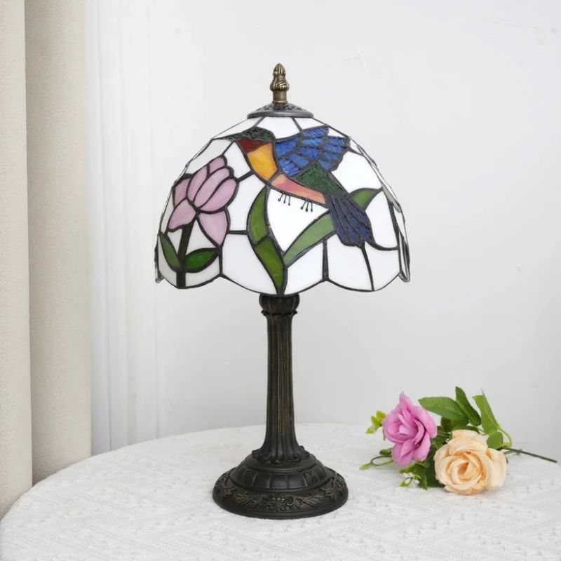 Modern Table Lamp, Hummingbird Style Stained Glass Lamp, 8 Inch Small Antique Lamp, for Bedside Nightstand Bedroom Living Room