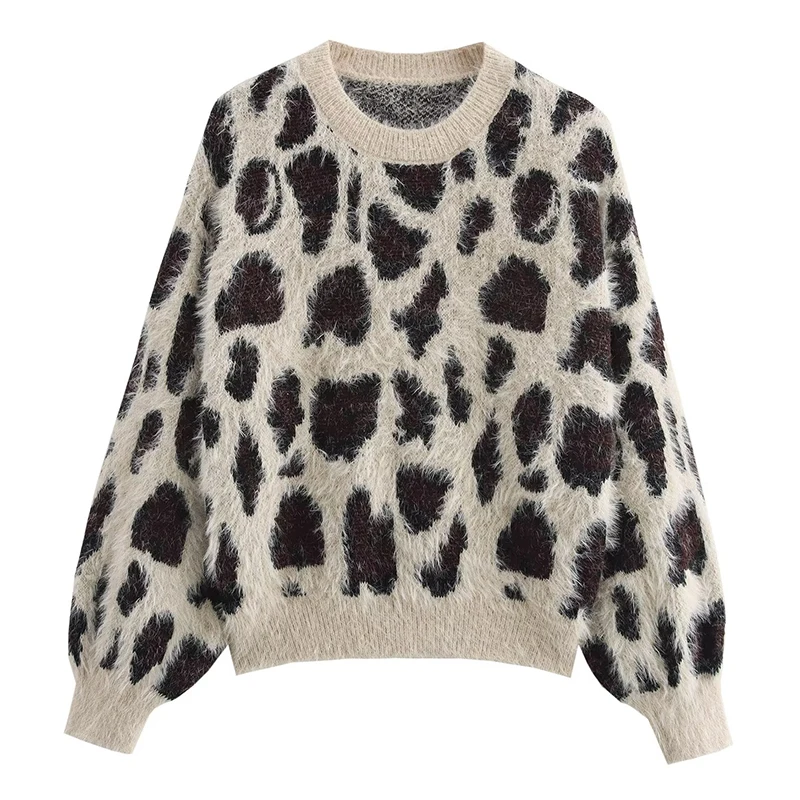 Casual Leopard Print O-Neck Loose Sweater Pullover Tops Long Sleeve Women Fashion Office Lady Clothing Winter Warm Sweater