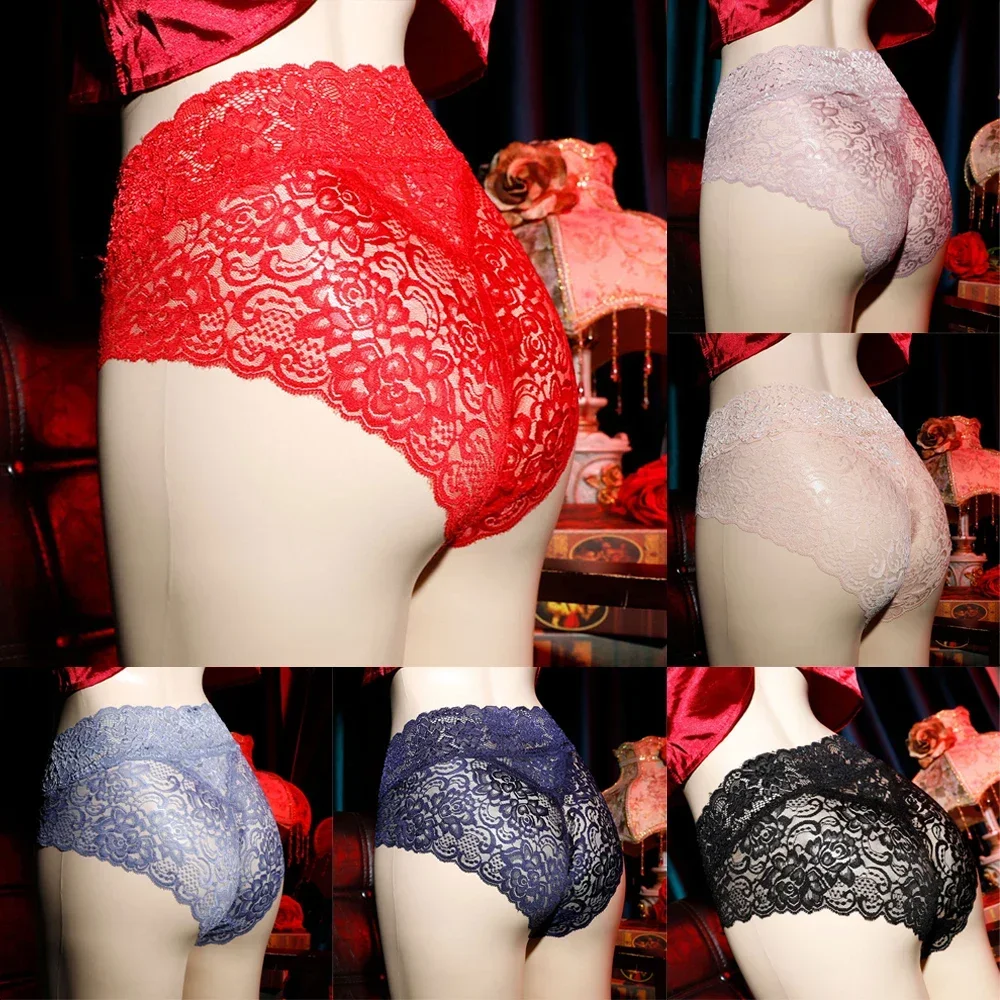 Underpants Thongs Mens Thong Mens Sexy Full Lace Sissy Pouch Panties Underwear Thong Sheer Underpants Lake Blue/Pink - Image 6
