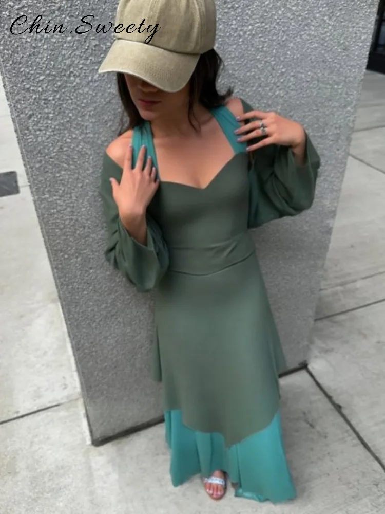 

Elegant Long Skirts 3 Pieces Sets Women Square Collar Sleeveless Tops High Waist Pleated Skirt Full Shawl 2025 Summer Lady Suit