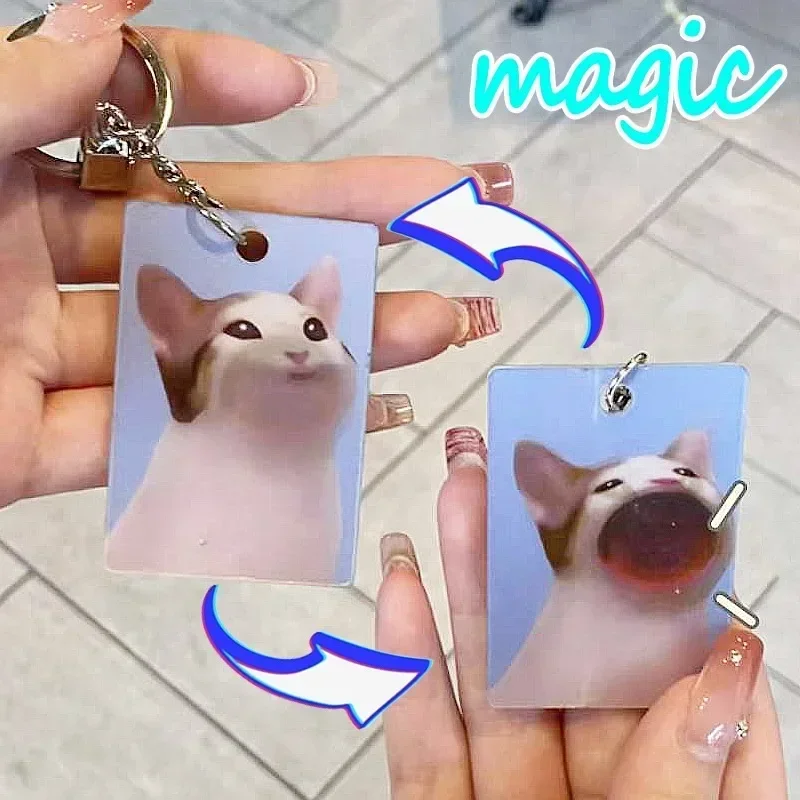 1-4Pcs Acrylic Dynamic Cartoon Cat Keychain Creative Animal Pendant Photo Flash Transparent Grating Layer Holographic Key Chains