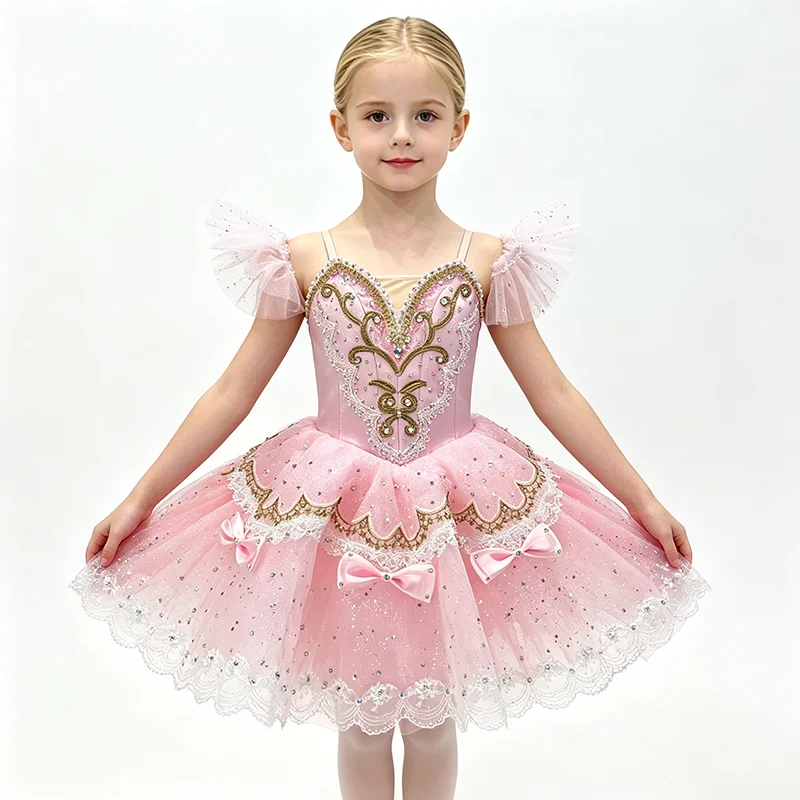 Women glitter tulle shoulder ornament thin strap heart V neck ballet tutu performance dress rhinestone gilded scroll embroidery