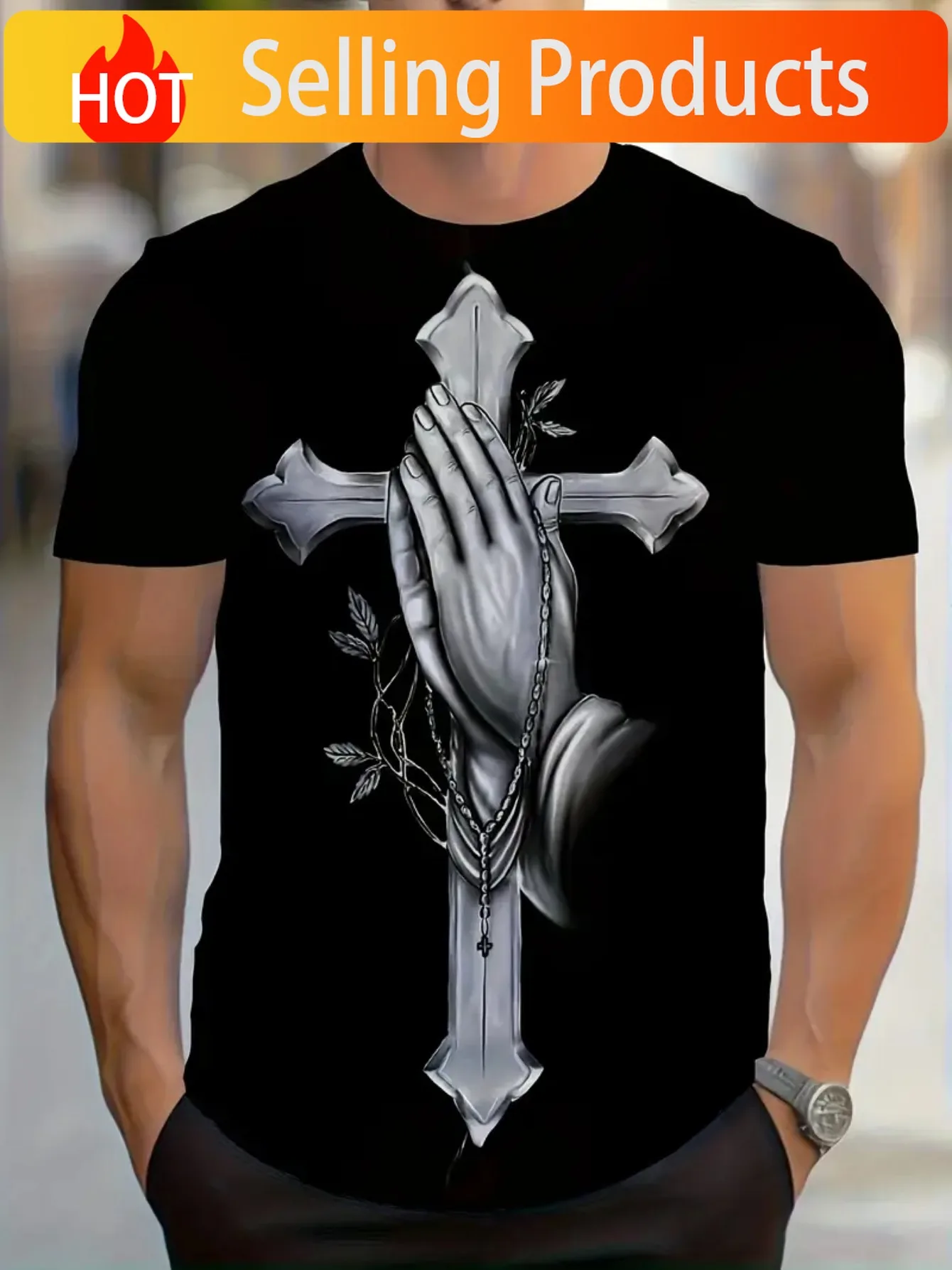 Men'S & Women'S 100% T-Shirt with Praying Hands & Cross Geometric Print - Black & White Religious Design, Regular Fit Crew Neck