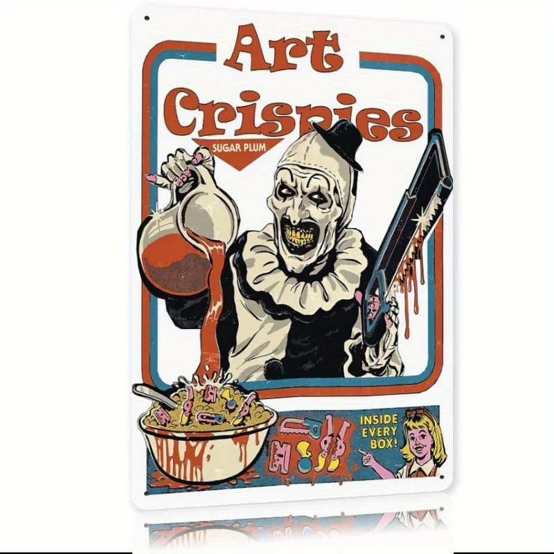 Cartel de chapa de Metal Vintage Terrifier, arte de pared de payaso de película de terror Retro con diseño de "ART CRISPIES", cartel de Metal de hierro duradero, 1 ud.
