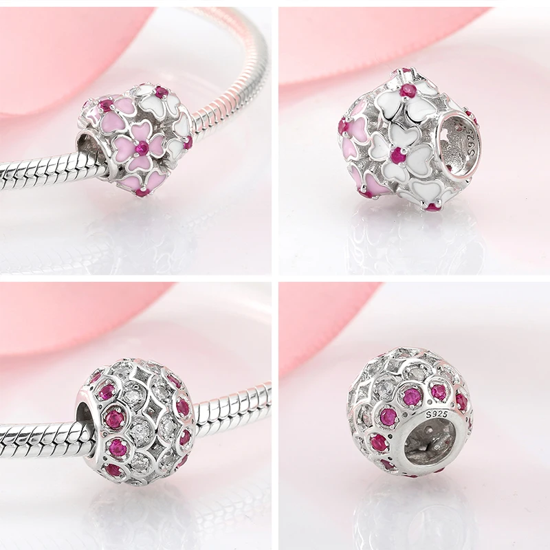 100% Authentic 925 Sterling Silver Pink Heart Crystal Clear Zircon Beads Fit Original European Charms Bracelet Jewelry Making