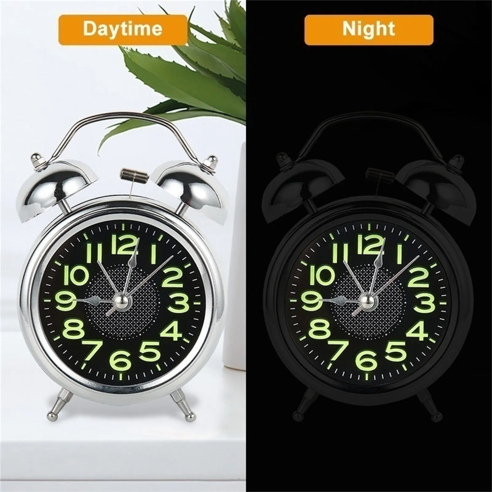 4 Inch Twin Bell Loud Alarm Clock Metal Frame 3D Dial with Backlight Battery Operate Desk Table Alarm Clock For Home and Office