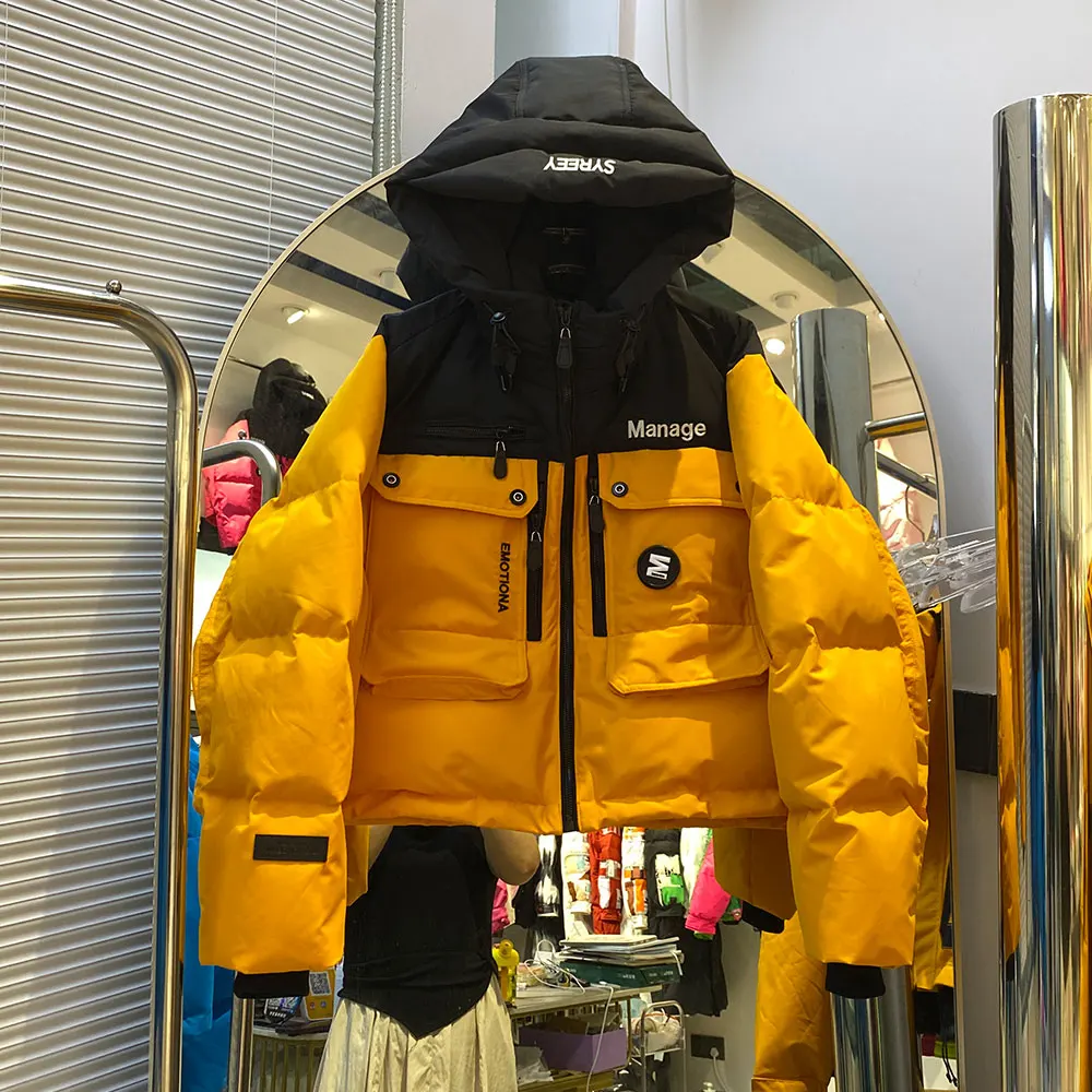 Inverno pato branco para baixo casaco puffer parkas roupas de trabalho feminino quente engrossado curto outwears feminino retalhos com capuz jaqueta