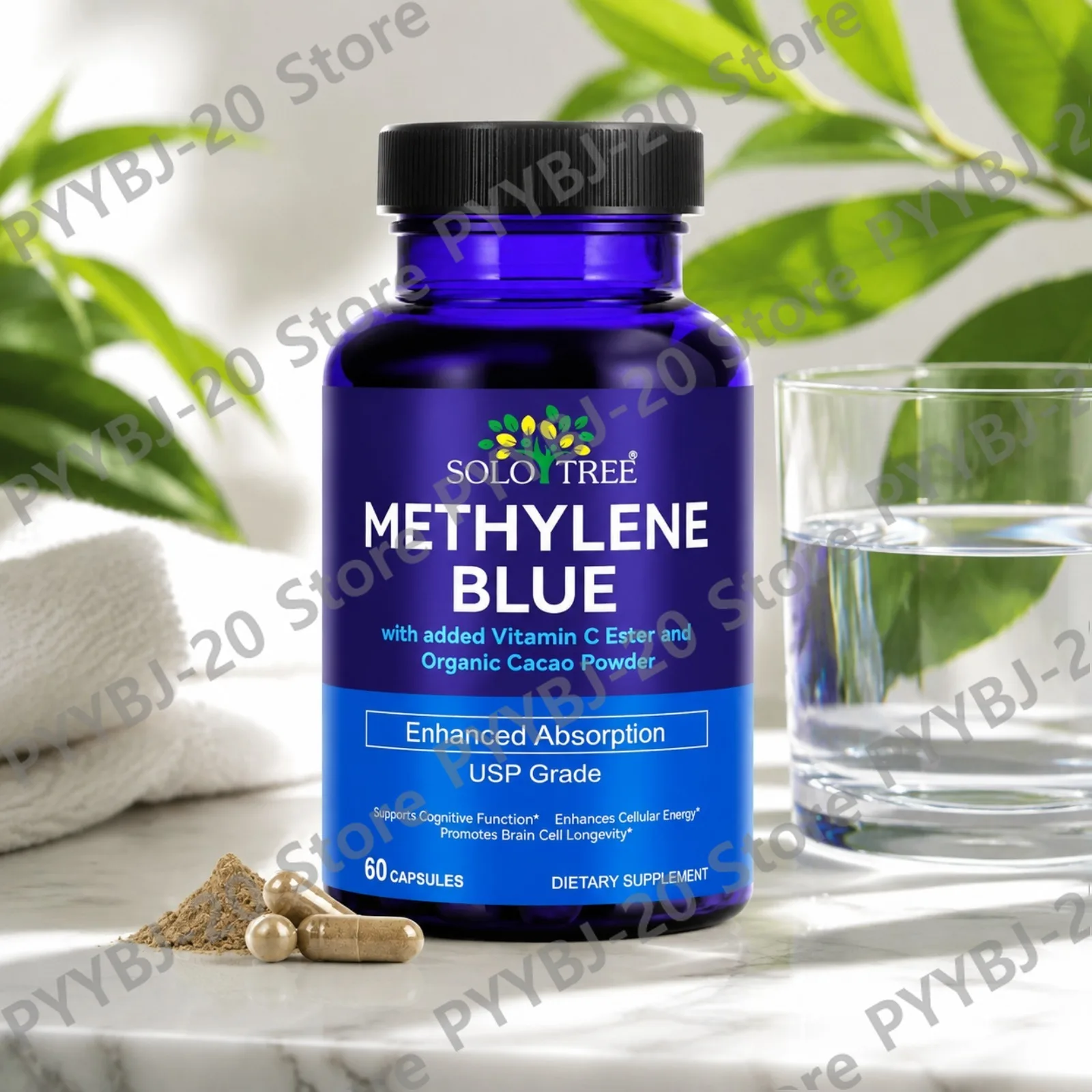 SOLOTREE Methylene Blue Capsules with Vitamin C & Cacao - Supports Brain Health Cellular Energy & Cognitive Wellness 60ct