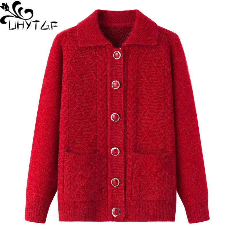 

UHYTGF Knitted Cardigan Sweater Women's Single Breasted Warm Autumn Winter Sweaters Jacket Female Middle-Aged Elderly Coat 2282