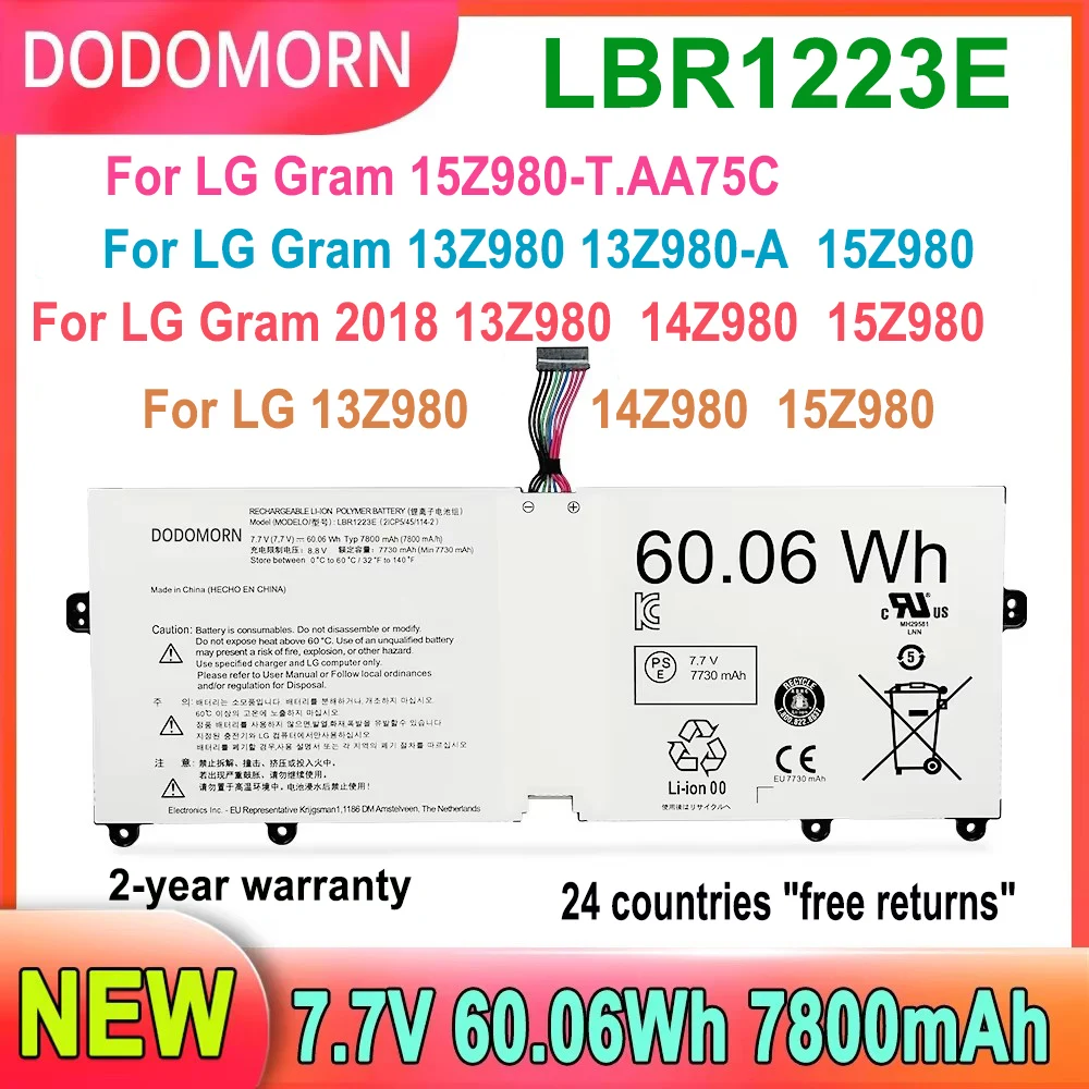 DODOMORN Laptop Battery LBR1223E For LG 13Z980 14Z980 15Z980 For LG Gram 13Z980 15Z98014Z980 7800mAh 7.7V 60.06Wh LBS1224E