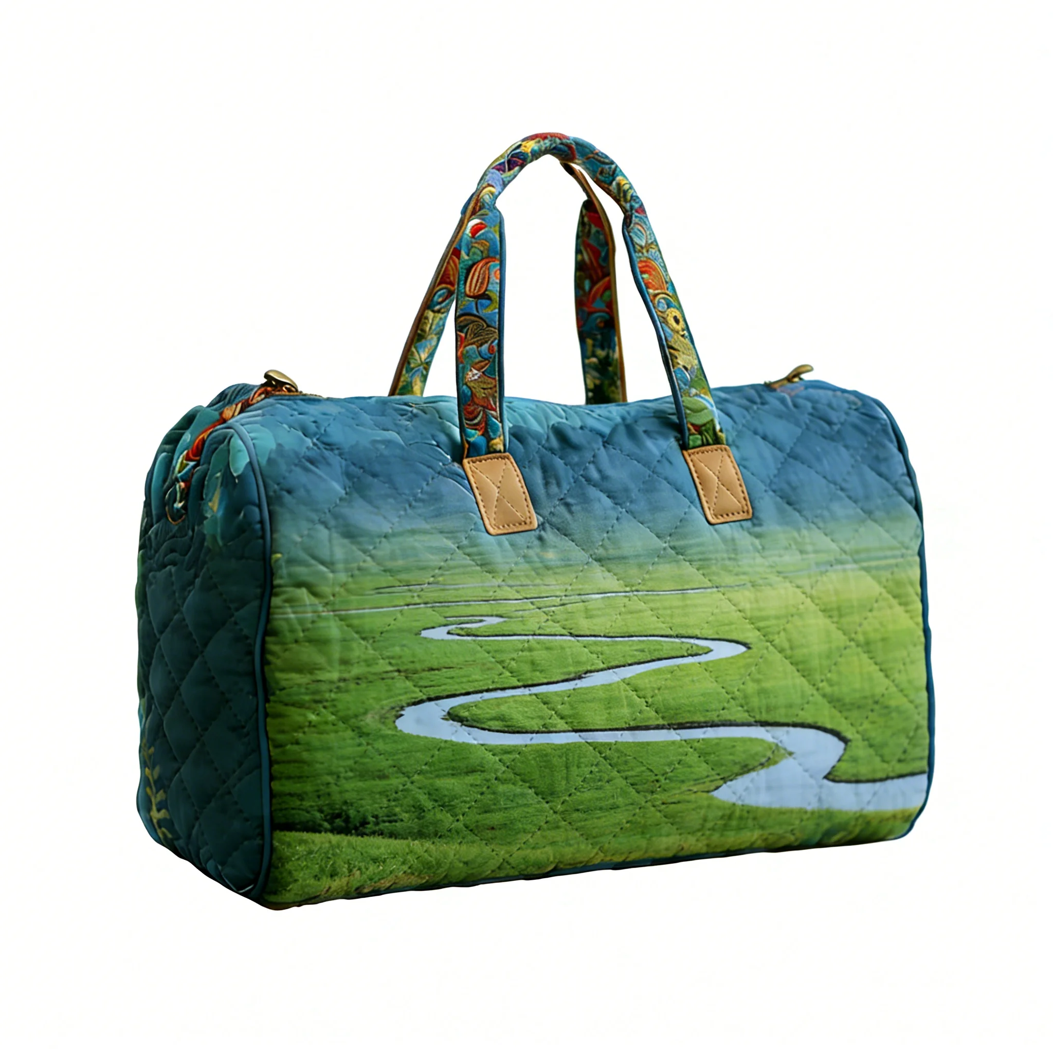 

Green Grassland Quilted Duffle Bag Cmping Travel Tote Men Women Picnic Unique Handbag Bag