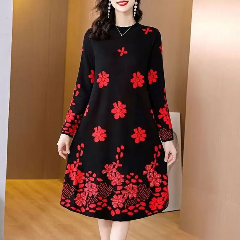 Women\'s Clothing Vintage Flowers Midi Dress Printed Autumn Winter Casual Loose A-Line Fashion Commute Half High Collar Dresses