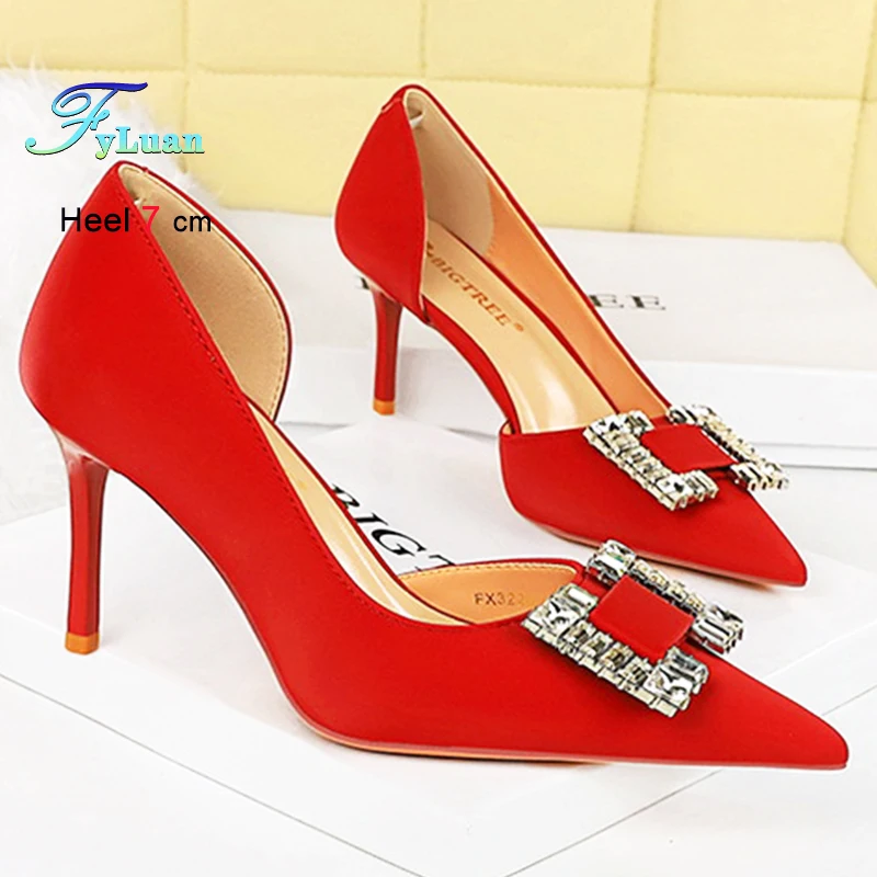 

Black 7cm Slim High Heels Silk Satin Pointed Women's Shoes Side Hollowed Out Ladies Pumps Crystal Rhinestone Stiletto Prom Shoes