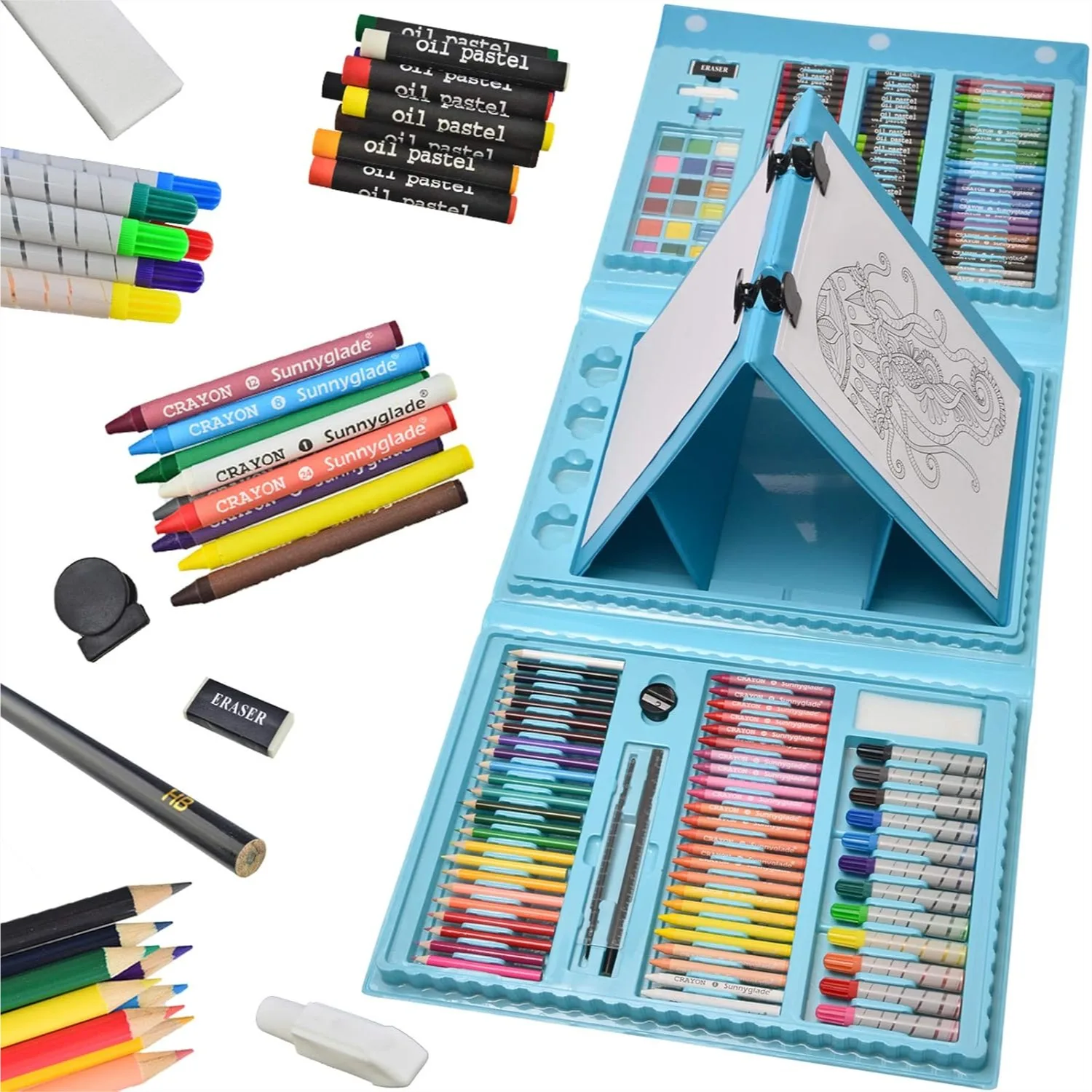 

185 Piece Double Sided Trifold Easel Art Set with Oil Pastels, Crayons, Colored Pencils, Markers, Paint Brush, Watercolor Cakes