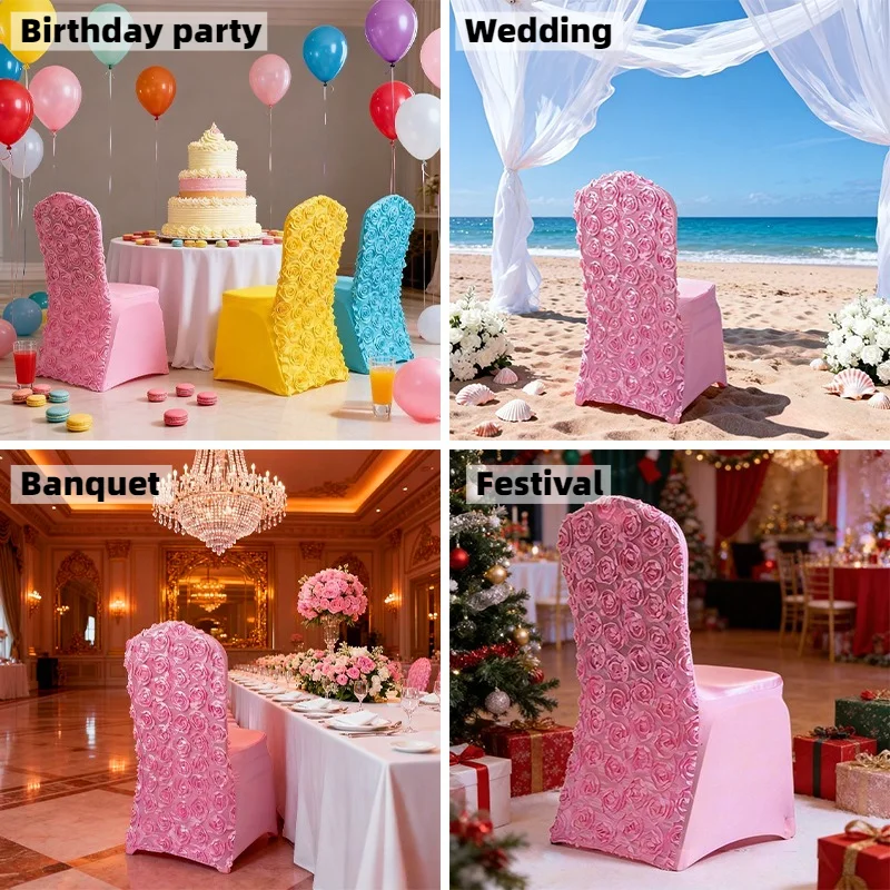 3D Universal Elastic Chair Cover Rose Embroidery Design for Wedding Banquet Hotel Party Universal Fit Luxury Decorative Cover