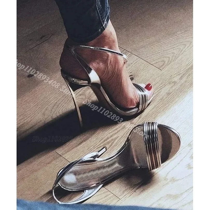 Silver Ankle Buckle Sexy Sandals Open Toe Stiletto Heels Fashion Summer Design for Women Dress Shoes 2024 Zapatos Para Mujere