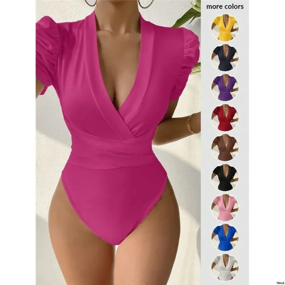 Ruched Sleeve Cinched Waist Triangle Cutout Jumpsuit Slim Fit Solid Color Casual Daily Office Work Streetwear Chic Ladies Romper