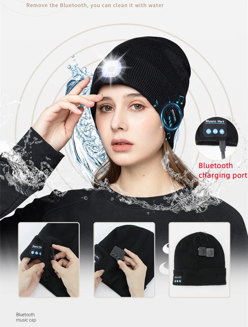 Bluetooth Earphone Music Hat Winter Wireless Headphone Cap Headset Mic Outdoor Cycling Hiking LED Light Knitted Hat