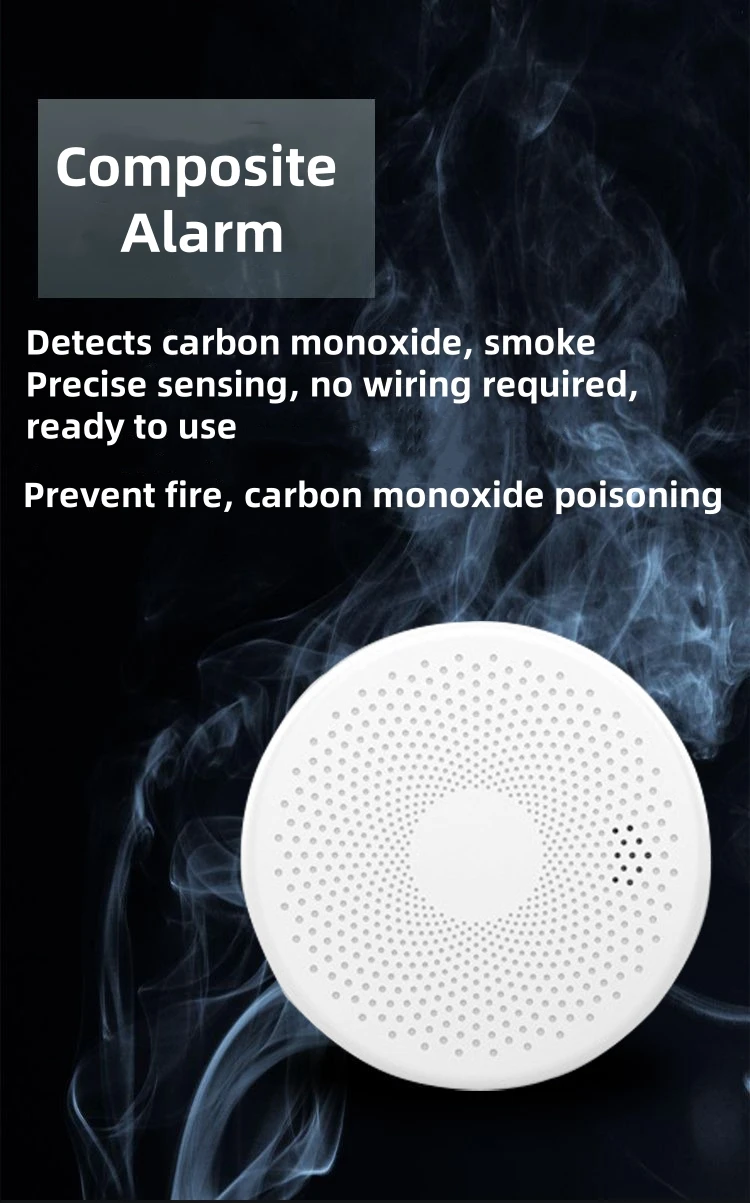 Wifi Tuya 2 in 1 Smart Co & Smoke Detector Alarm Carbon Monoxide Parlor Room Kitchen Shop Fire Sound Sensor Alert Detector 85DB