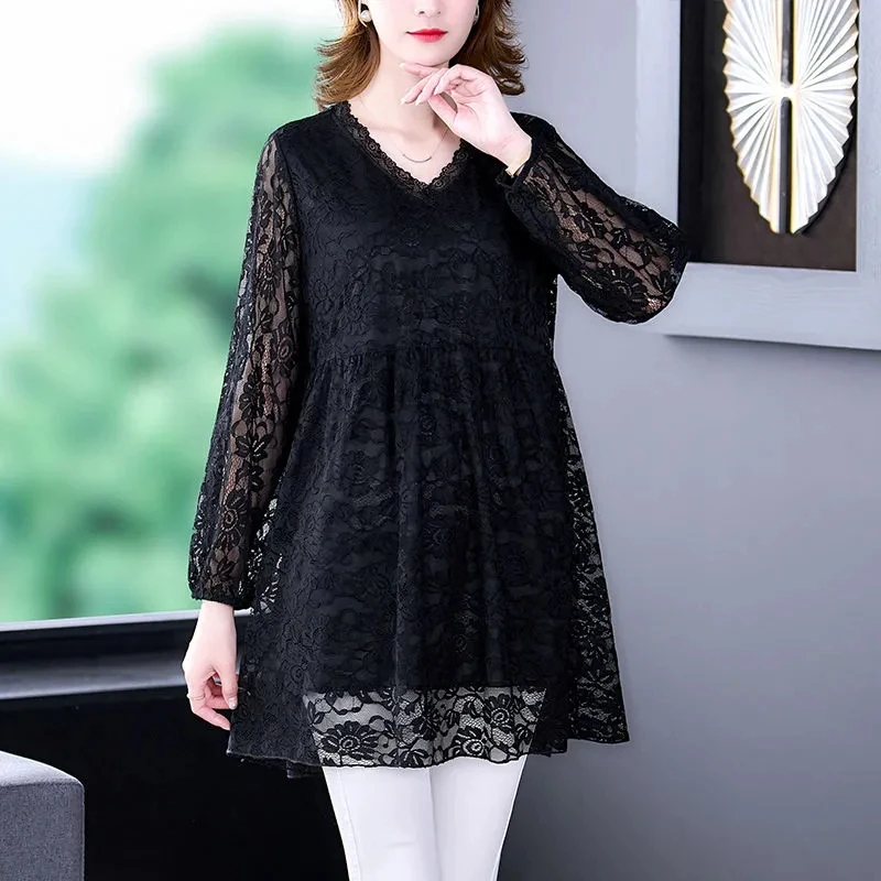 L-7XL Spring New Large Size Lace Bottoming Shirt Middle Aged Mother Long Sleeve V-Neck Tops Loose Mid-Lentgh Women T-Shirt Tee