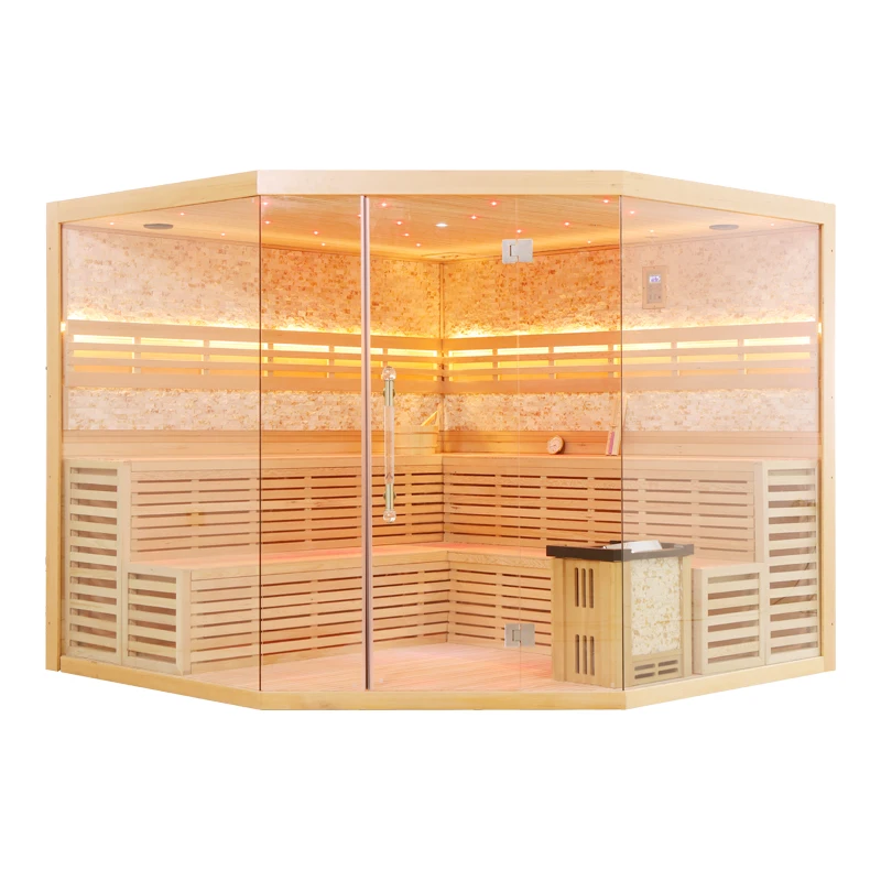Modern indoor wooden dry sauna room, with computer control panel and horizontal window, suitable for 4-6 people.