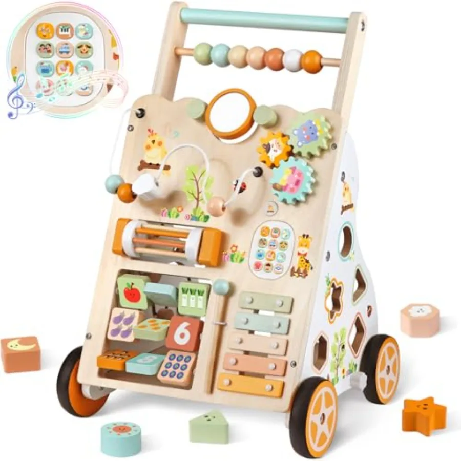 

Montessori wooden baby push walker for 1-3 years natural wood finish adjustable height and speed smooth-rolling wheels toddler