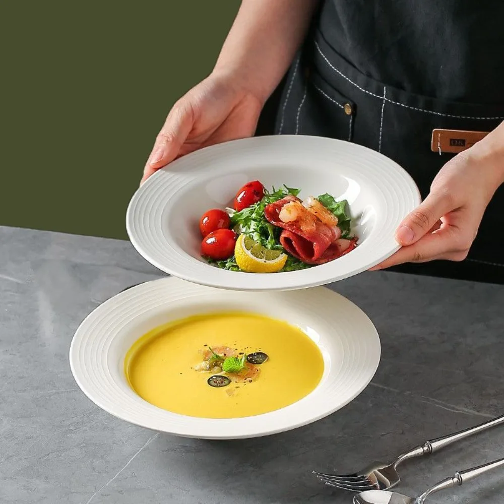 

2PCS Japanese-Style Ceramic Straw Hat Plate Threaded Pattern Under-glaze Painting Dessert Dish White Round Soup Plate Pasta
