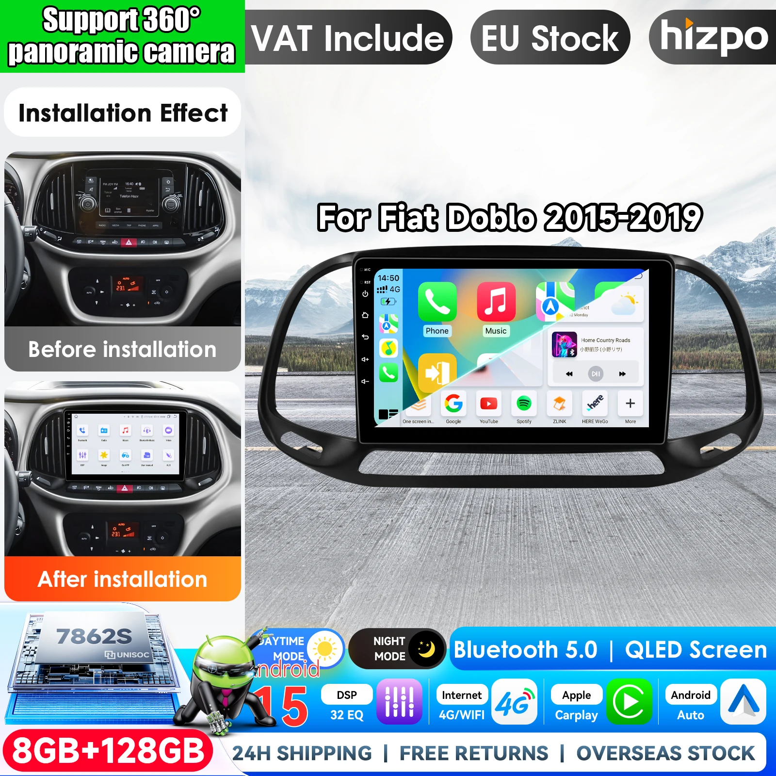 Hizpo Android per Fiat Doblo 2015 2016 2017 2018 2019 2020 Autoradio GPS Lettore Multimediale Video Stereo Navigazione Wifi Telecamera 360 2Din Stereo Autoradio Navigazione GPS Sistema AI Intelligente