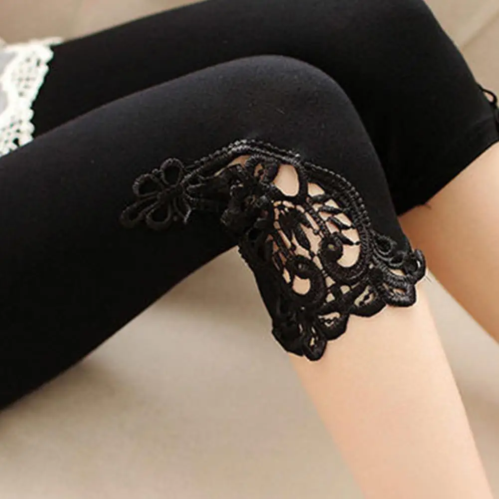 夏クロップドレギンスハイウエストバットリフティングレーススプライシングパンツ無地弾性タイツ女性レギンス