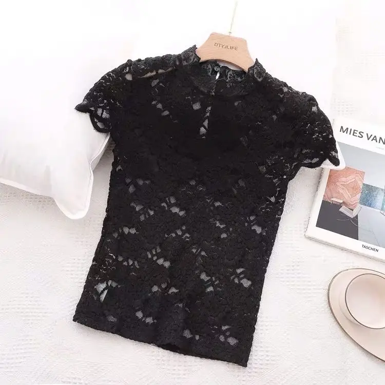 Blusa de encaje de manga corta para mujer, camisa Base de blusa de encaje ahuecada con temperamento de Súper Hada a la moda, novedad de verano 2025