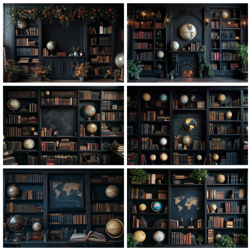 Back To School Retro Bookcase Backdrop Globe Bookshelf Books Students Graduation Party Decor Photography Background Photo Studio