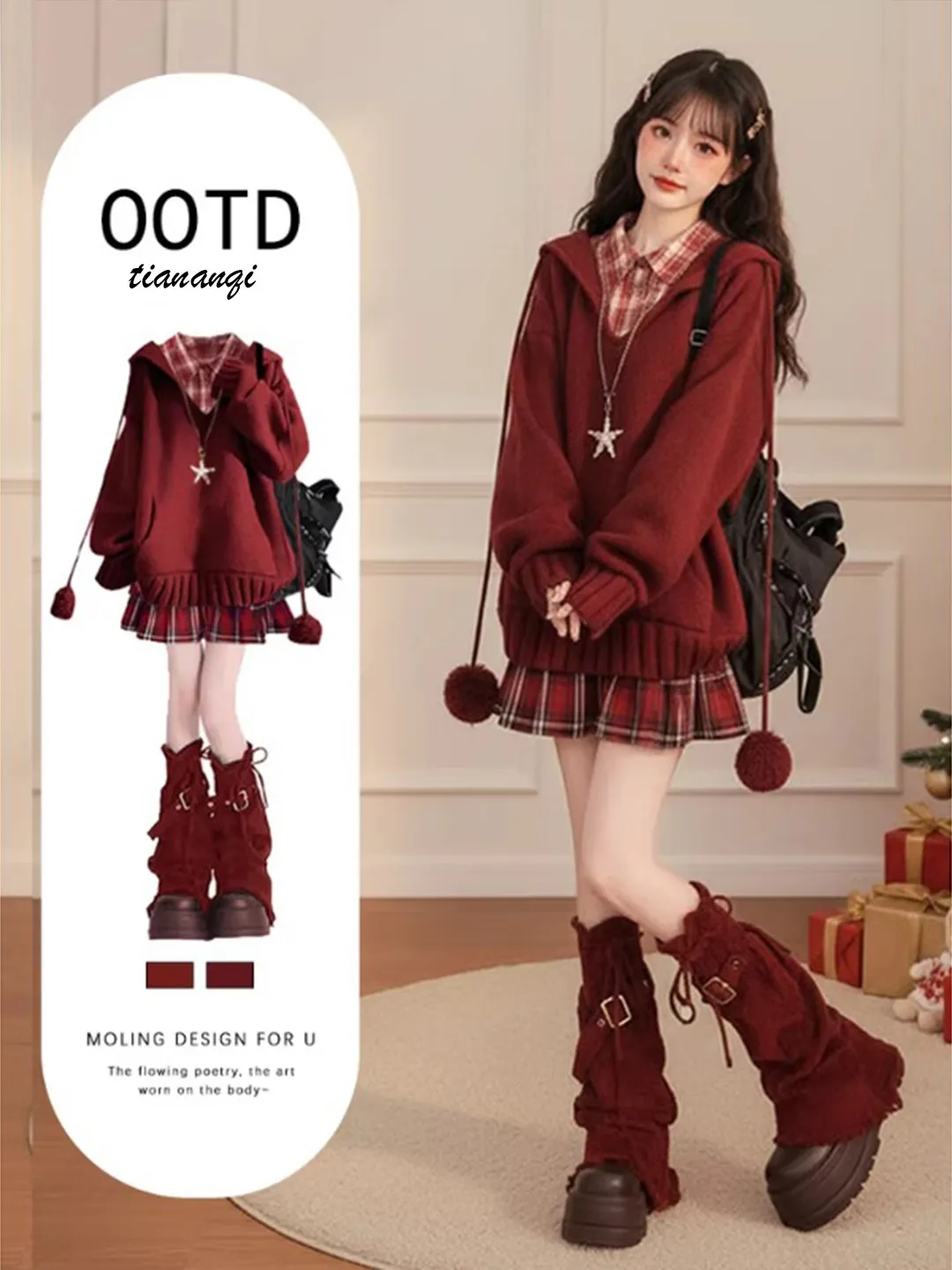 

Cisas Red Anti-Aging Knitted Hat Set Women's Faion Casual Outfit with Plaid irt And Skirt Autumn Winter Ensemble