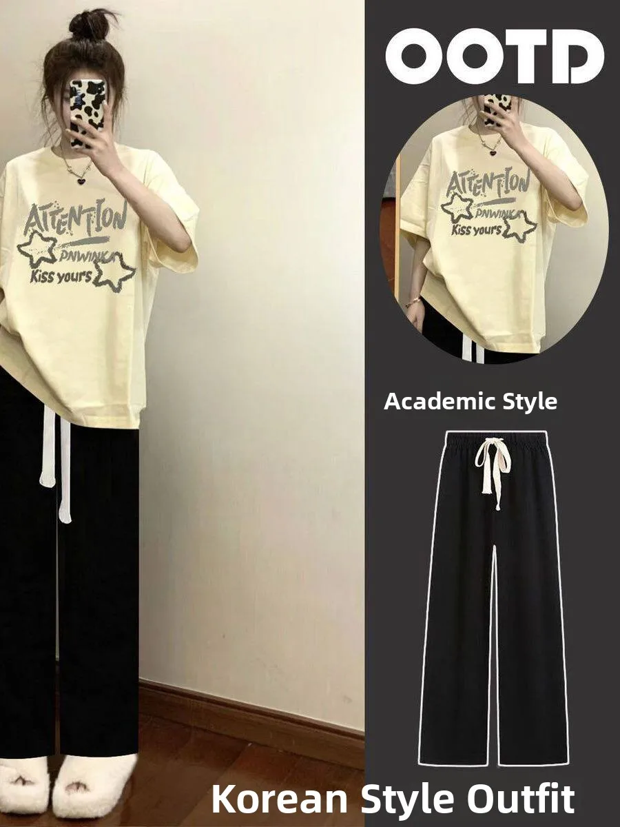 

plus Size 300 Pounds Fat Sister Summer Casual Short Sleeve T-Shirt Set Women's Loose Wide Leg Pants Two Piece Suit