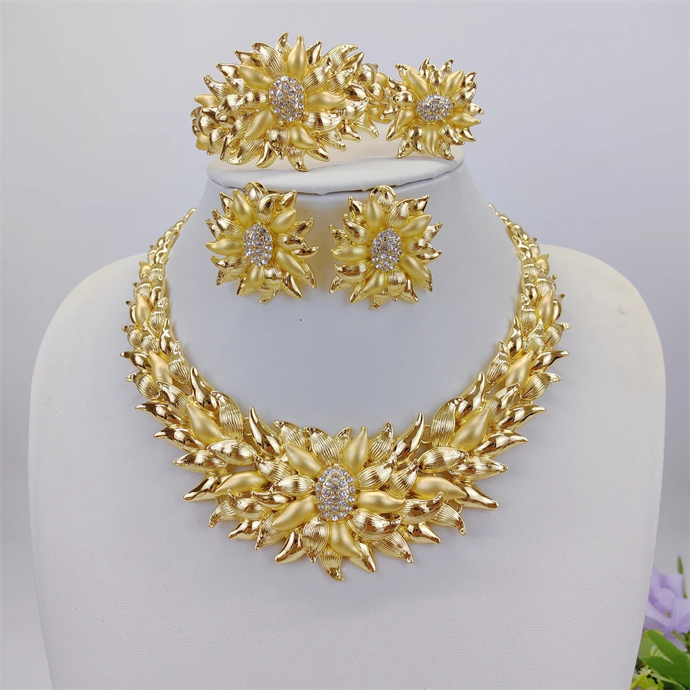 ESALE 18K Gold Plated Flower Jewelry Set For Women Luxury Full Necklace Earrings Bracelet Ring Wedding Banquet Jewelry Set 2026