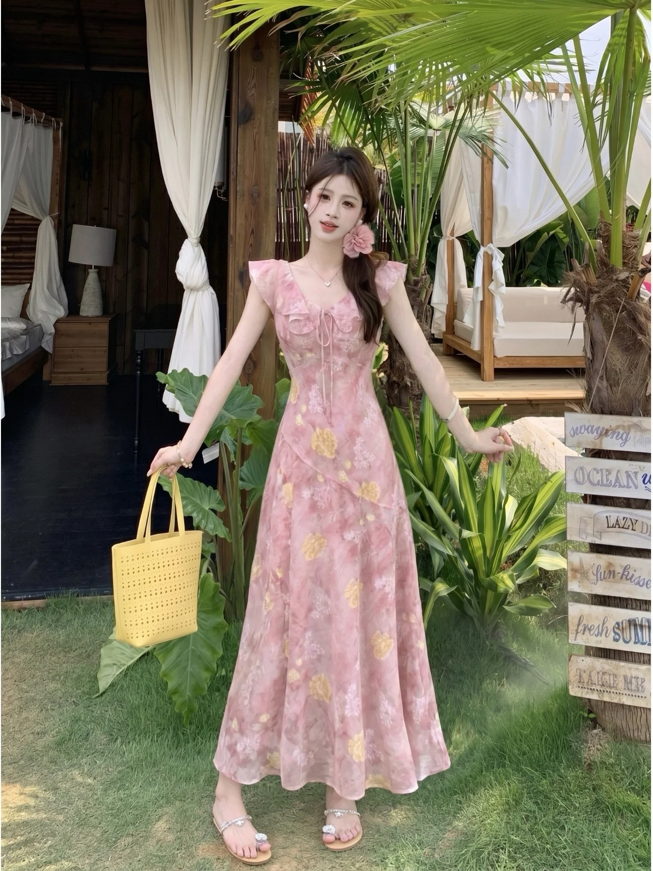 

plus Size Floral Print Maxi Dress with Puffy Sleeves And Hemmed Detail Pink Color Slimming Waist Design Summer New Style