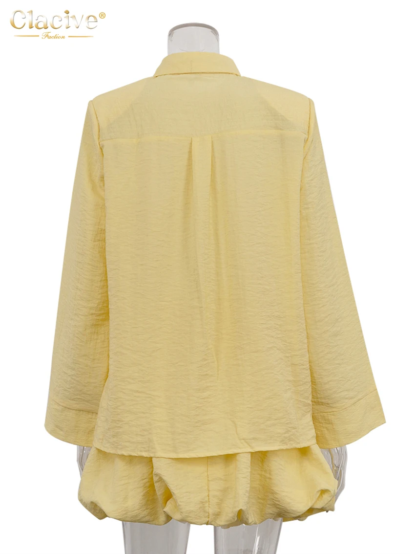 Clacive Fashion Loose Yellow Women\'s Two Pieces Set 2025 Elegant Long Sleeve Shirt With High Waist Pleated Mini Skirt Set Female