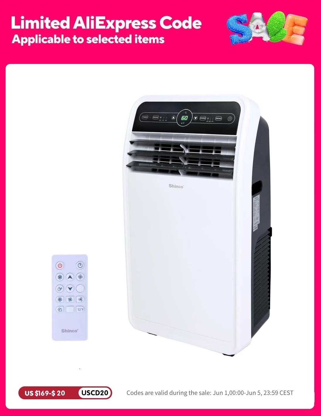 Aire acondicionado portátil Shinco de 10.000 BTU, unidad de CA portátil con modos de ventilador, deshumidificador y ventilador integrados para habitaciones de hasta 300 pies cuadrados.