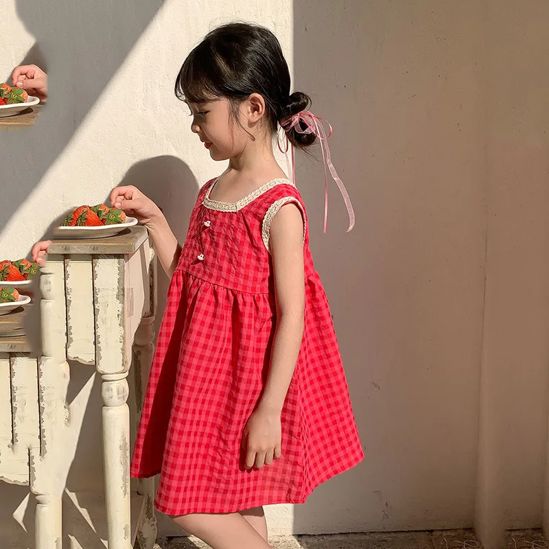 Baby girls Korean plaid sleeveless sundress 2024 summer children's new loose backless dress Princess dress