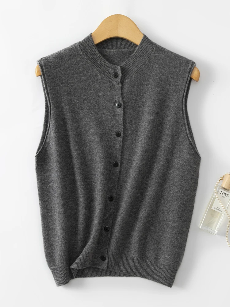 

Простой вязаный жилет из чистой шерсти 00, женский свитер-кардиган без застежки, круглый вырез, осенне-зимний, для многослойного ношения, с наплечниками