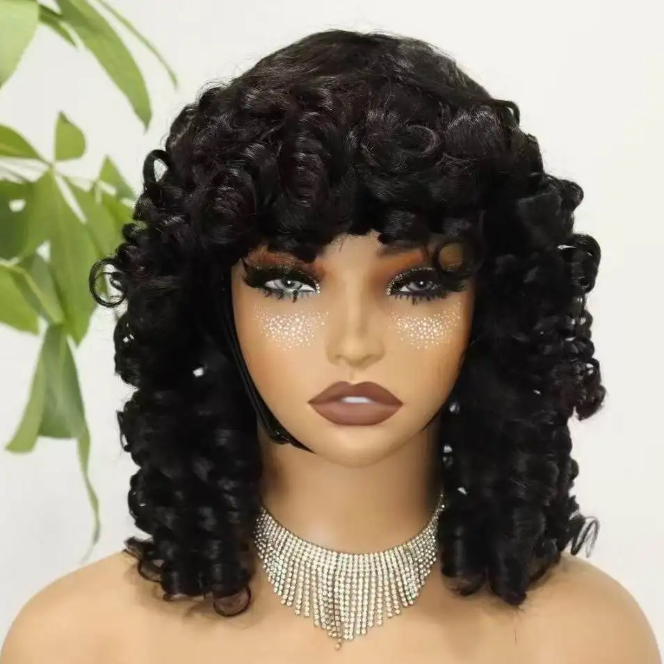

250% Density Natural Bouncy Curly Human Hair Wigs with Bangs Short Machine Made Loose Colored Curly Bob Wig PrePlucked for Women