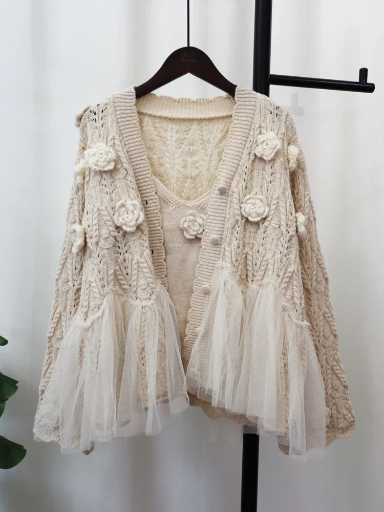 Milk Department Design Sense Niche Three-dimensional Flower Knitted Cardigan Sling Two-piece Set Women's Mesh Fashion Suit Women