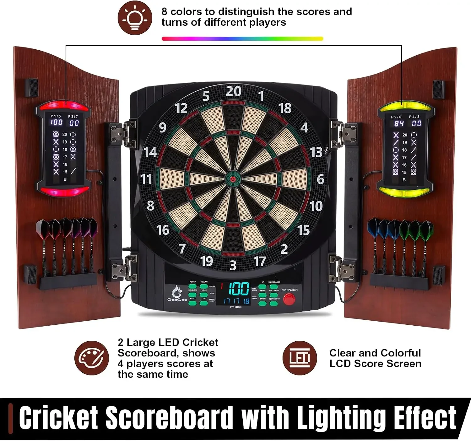 Electronic Dart Board with Wooden Door, Light Effects & Heckler Mode Electric Dartboard with 12 Darts & 100 Soft Tips, 50 image 10