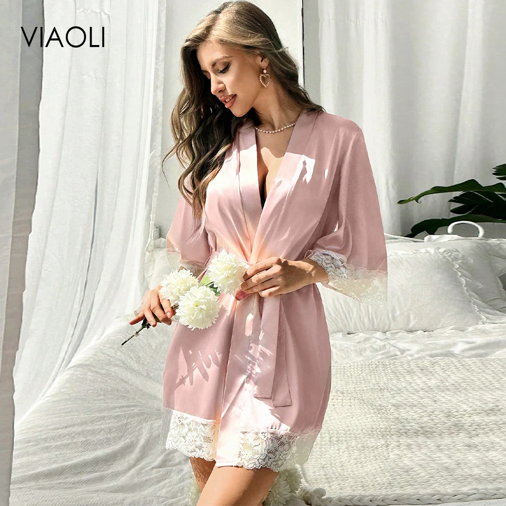 1 Piece Women\'s Underwear Glossy Robe Pajamas Satin Chemise Lingerie Nightgown Homewear Fashion Trend Lace Splicing Nightrobe