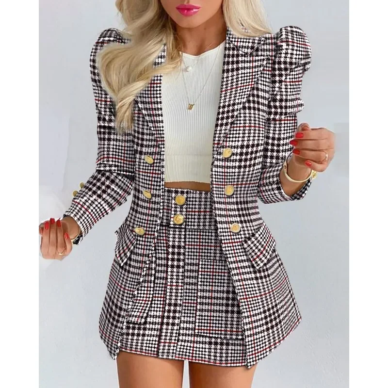 Office Lady Slim Fit Long Sleeve Lapel Double Breasted Jacket Top Pocket Skirt Suit Outfits Elegant Women Blazer Two Piece Set